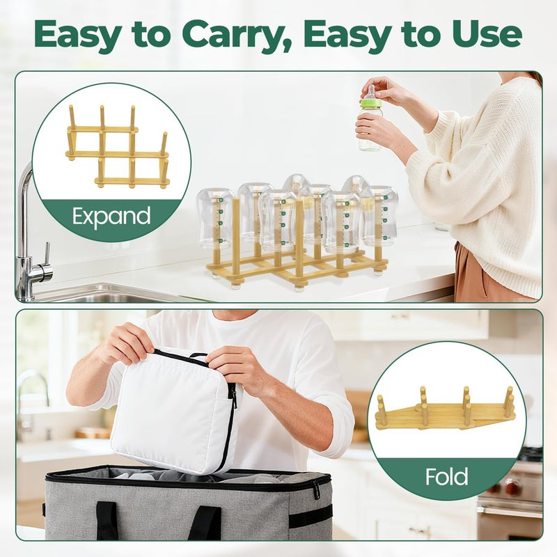 EsLuker.ly Baby Bottle Drying Rack Bamboo Vertical Dryer Holder, Foldable Space Saving for 10 Milk Glass Bottle Countertop, Wooden Drain Stand Shelf for New Parents - Image 5